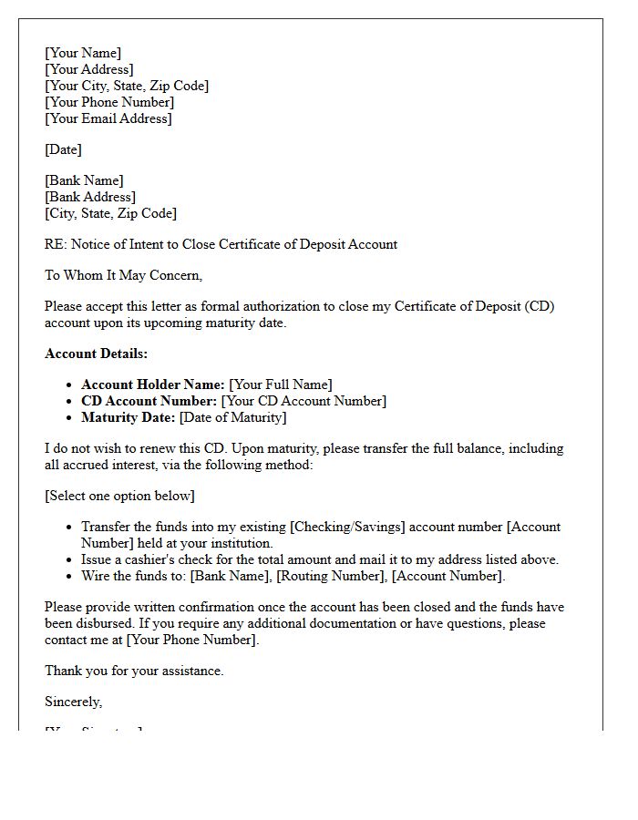 Letter to Close Individual Certificate of Deposit Upon Maturity