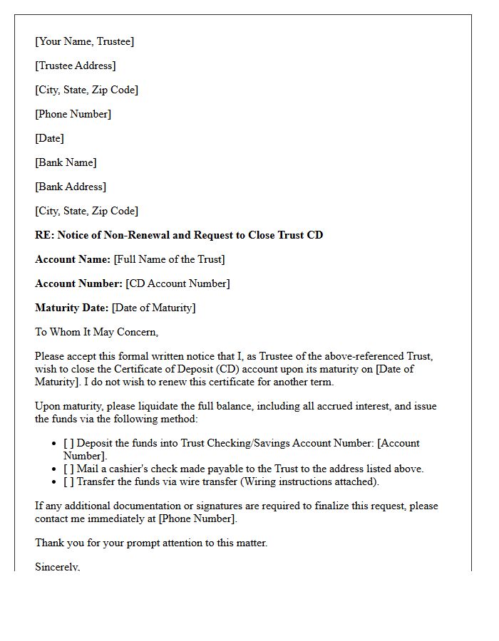 Letter to Close Trust Certificate of Deposit Upon Maturity