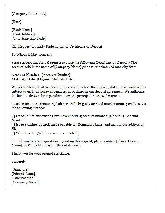 Corporate Letter to Close Certificate of Deposit Prior to Maturity