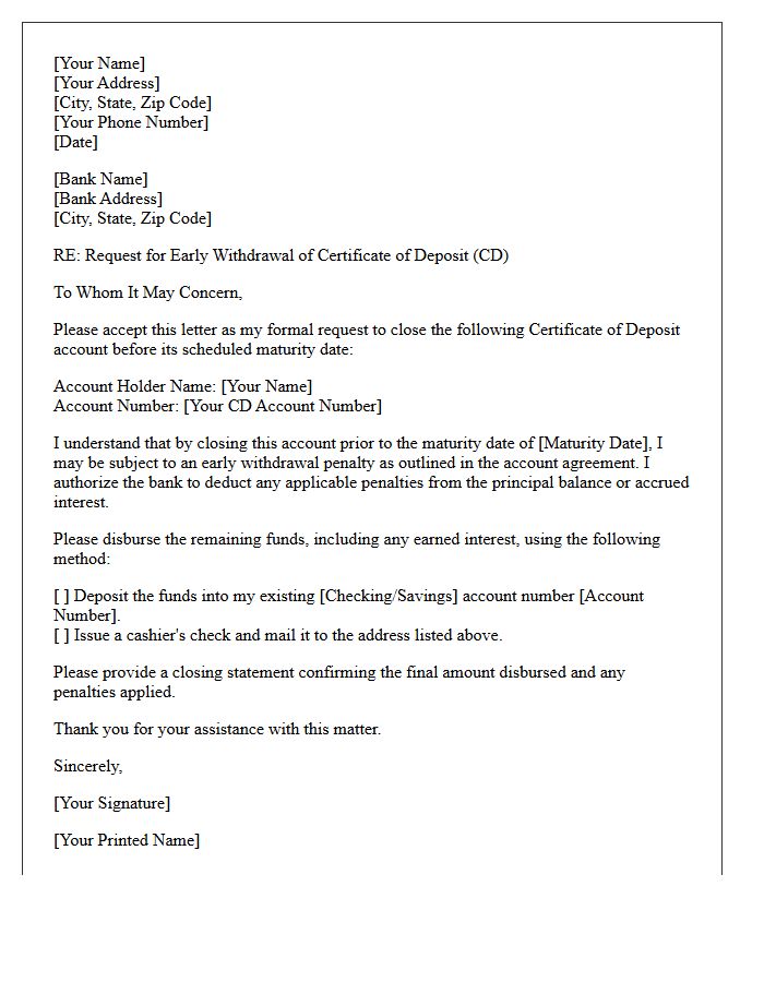 Standard Letter to Close Certificate of Deposit Prior to Maturity