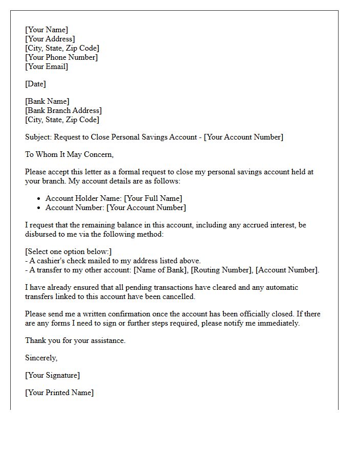 Bank Account Closure Letter for Personal Savings