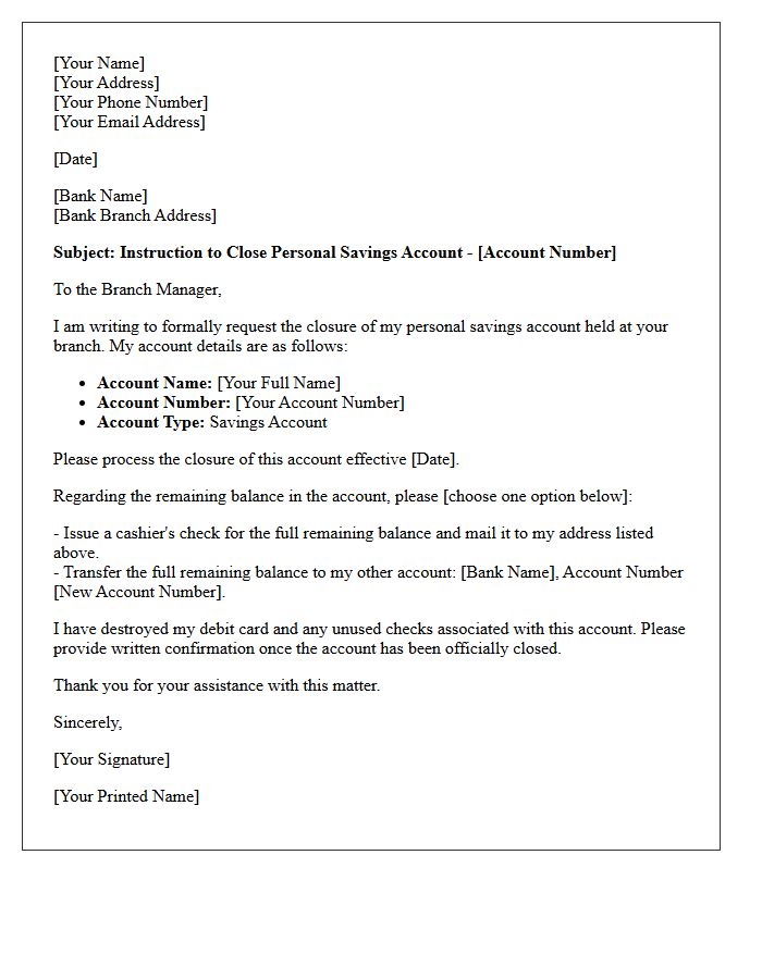 Letter of Instruction to Close Personal Savings Account