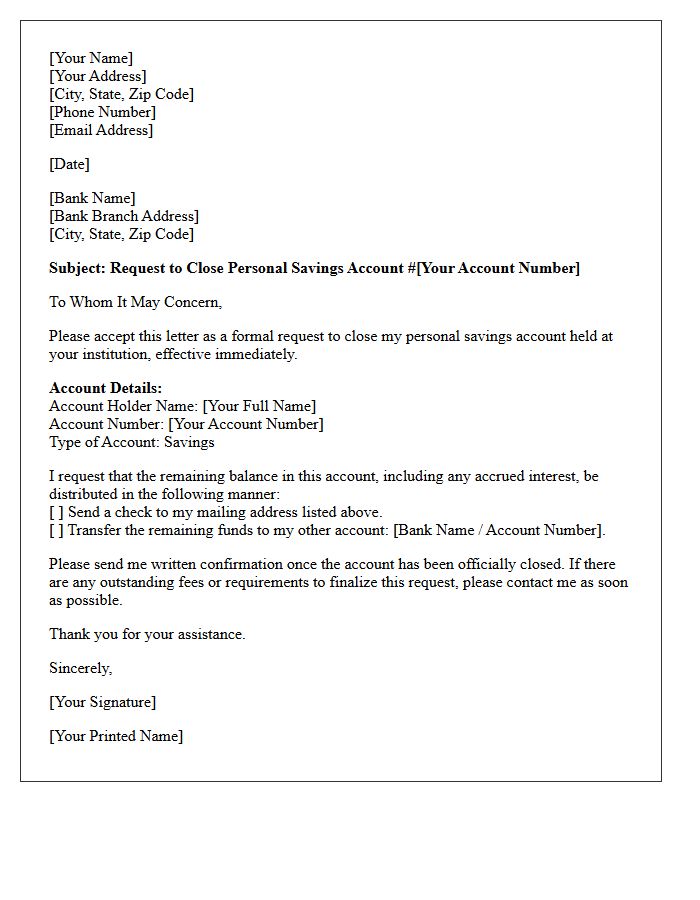 Letter Requesting Closure of Personal Savings Account