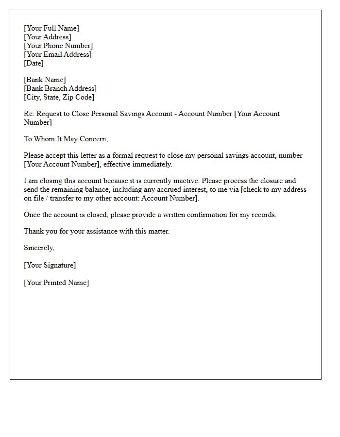 Letter to Close Inactive Personal Savings Account