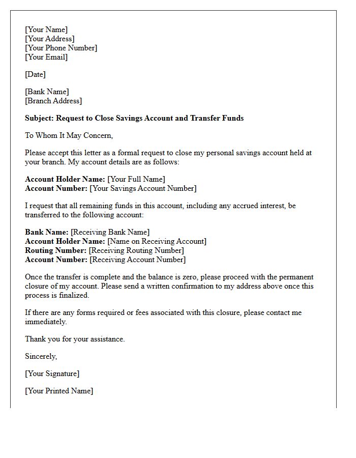 Letter to Transfer Funds and Close Personal Savings Account