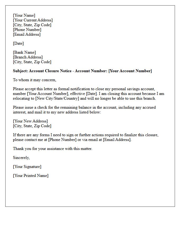 Relocation Letter to Close Personal Savings Account