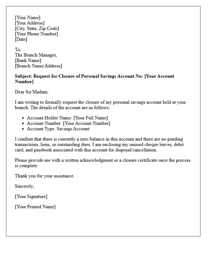 Zero Balance Personal Savings Account Closure Letter