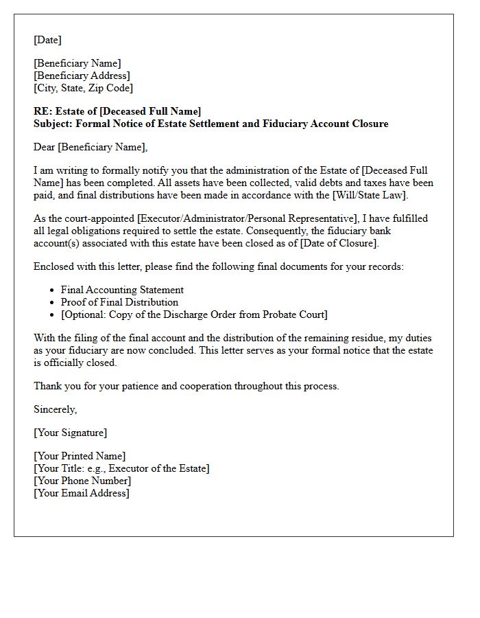 Letter Confirming Estate Settlement and Fiduciary Account Closure