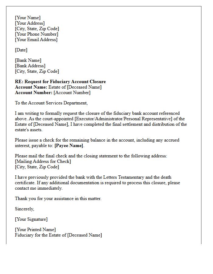 Letter Requesting Fiduciary Bank Account Closure Following Estate Settlement