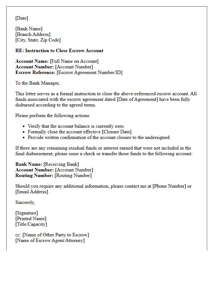 Bank Instruction Letter to Close Escrow Account After Fund Disbursement