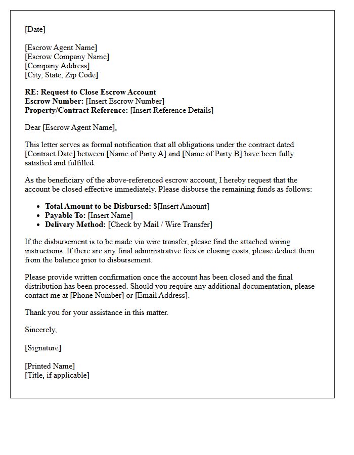 Beneficiary Letter to Close Escrow Account After Contract Fulfillment