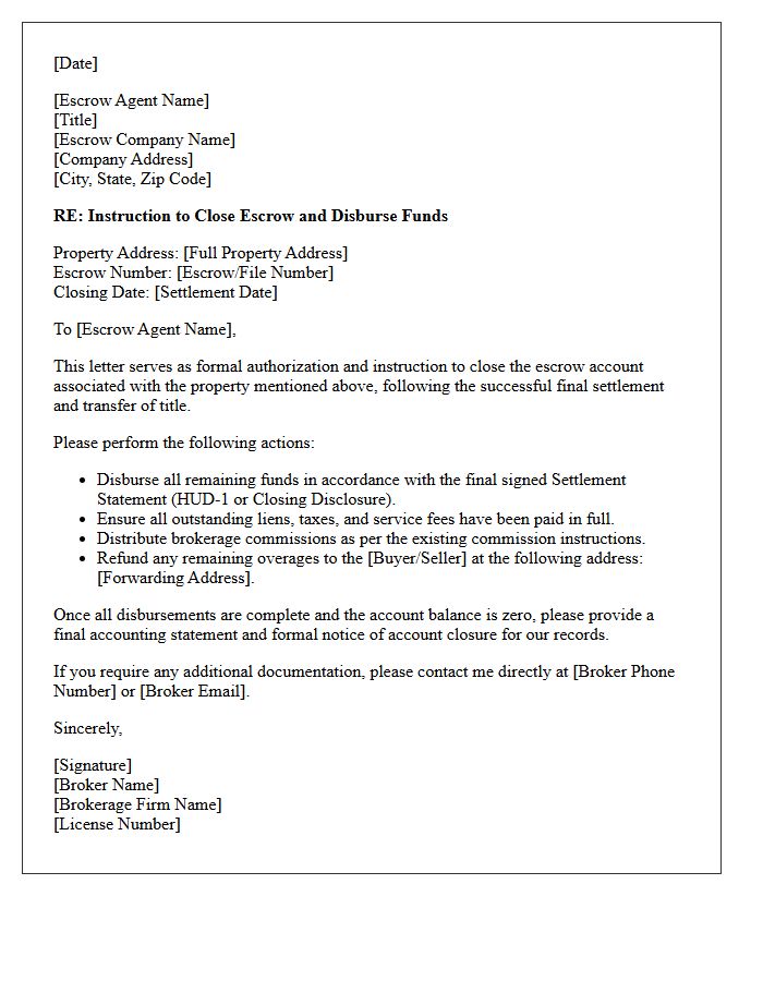Broker Letter to Close Escrow Account Upon Final Property Settlement