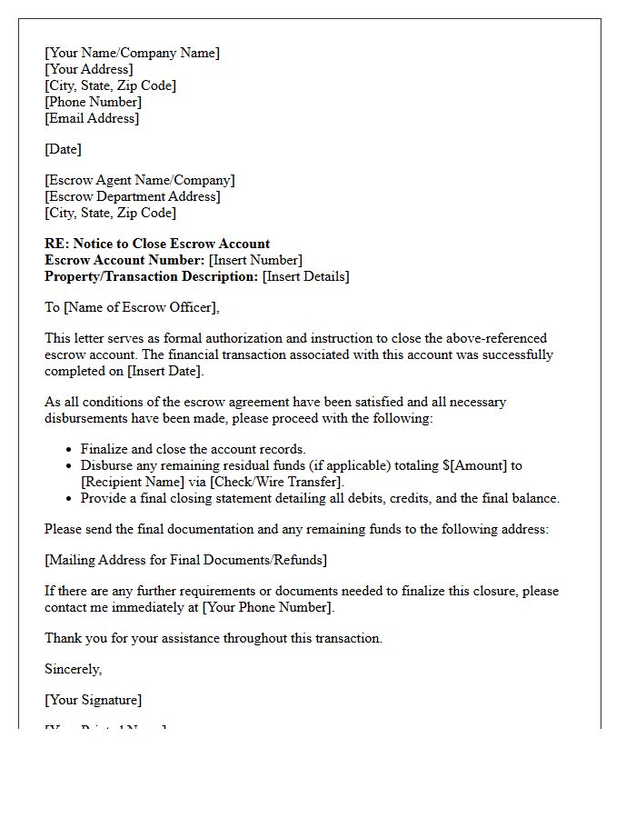Client Letter to Close Escrow Account Upon Financial Transaction Completion