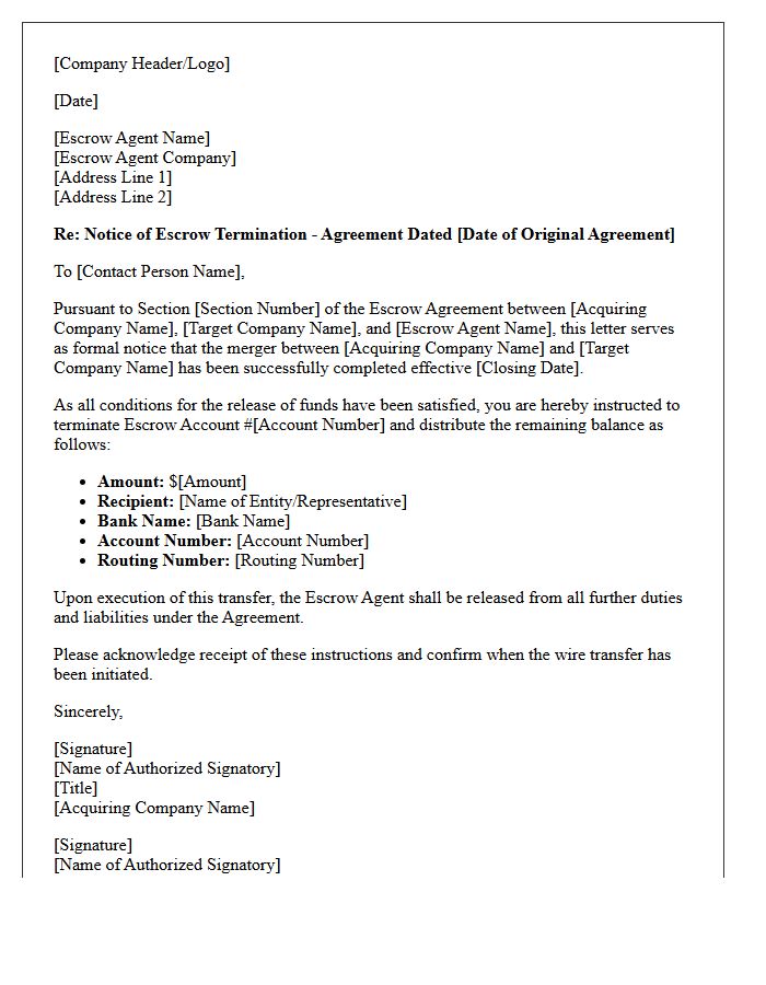 Corporate Letter to Terminate Escrow Account Upon Merger Completion