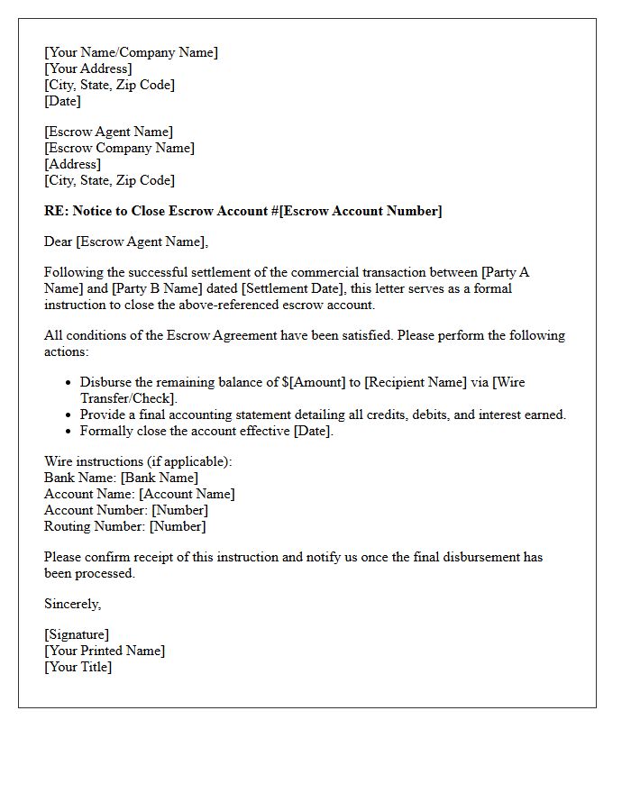 Formal Letter to Close Escrow Account Following Commercial Settlement