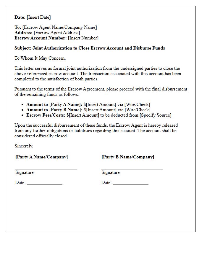 Joint Authorization Letter to Close Escrow Account Upon Transaction Completion