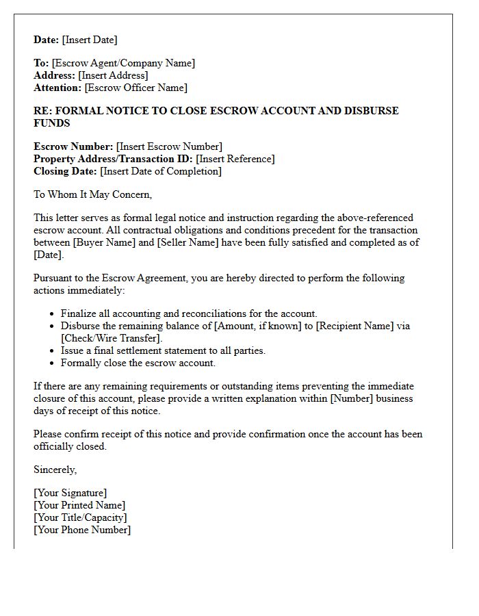 Legal Notice Letter to Close Escrow Account Following Transaction Completion