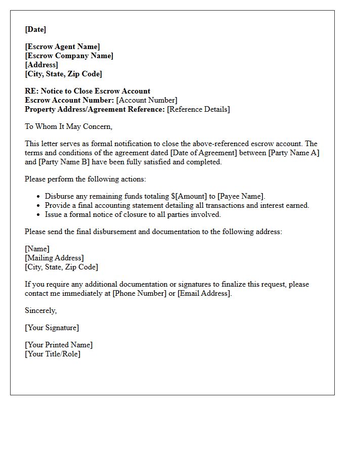 Standard Letter to Close Escrow Account After Agreement Completion