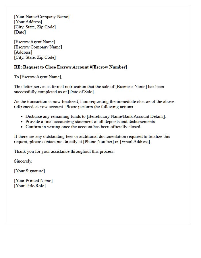 Vendor Letter to Close Escrow Account Upon Business Sale Completion