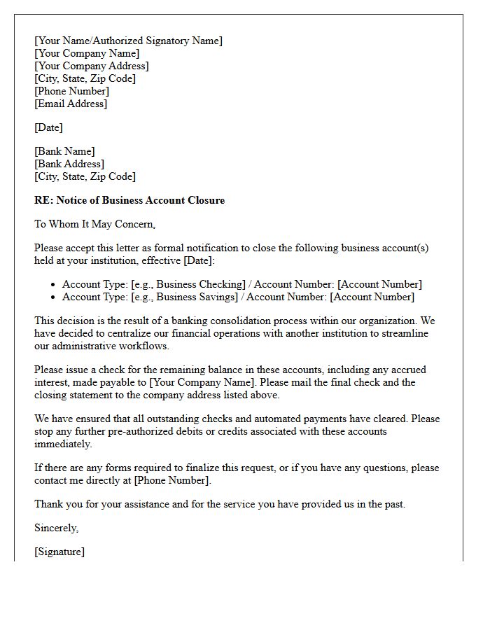 Business Account Cancellation Letter Due to Banking Consolidation