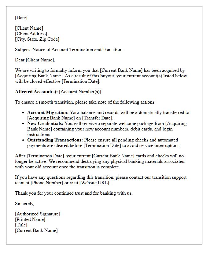 Client Letter of Account Termination Due to Bank Buyout