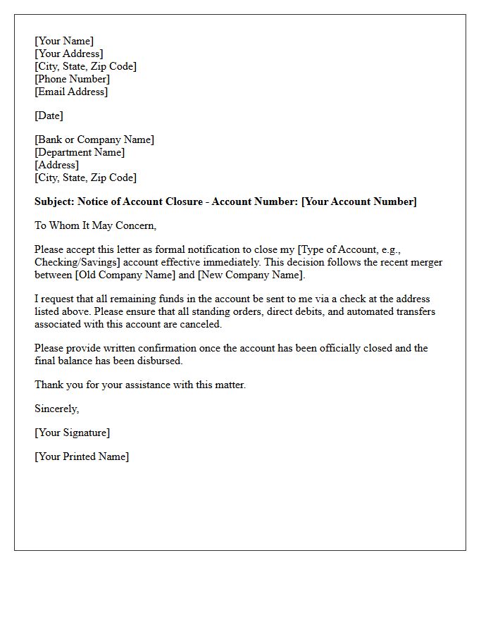 Customer Letter to Close Account Post-Merger