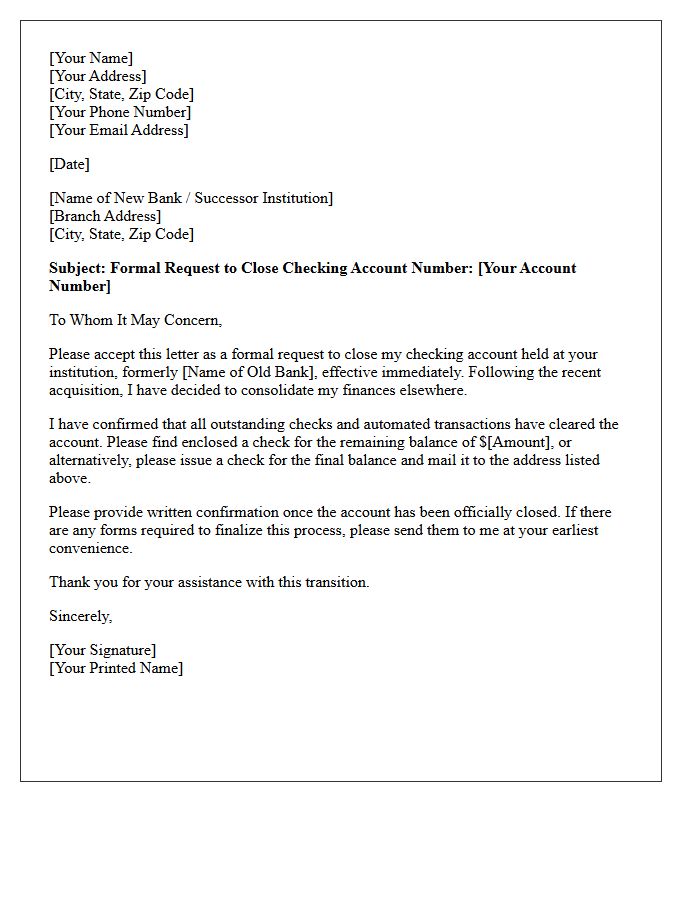 Formal Letter to Close Checking Account Following Bank Acquisition