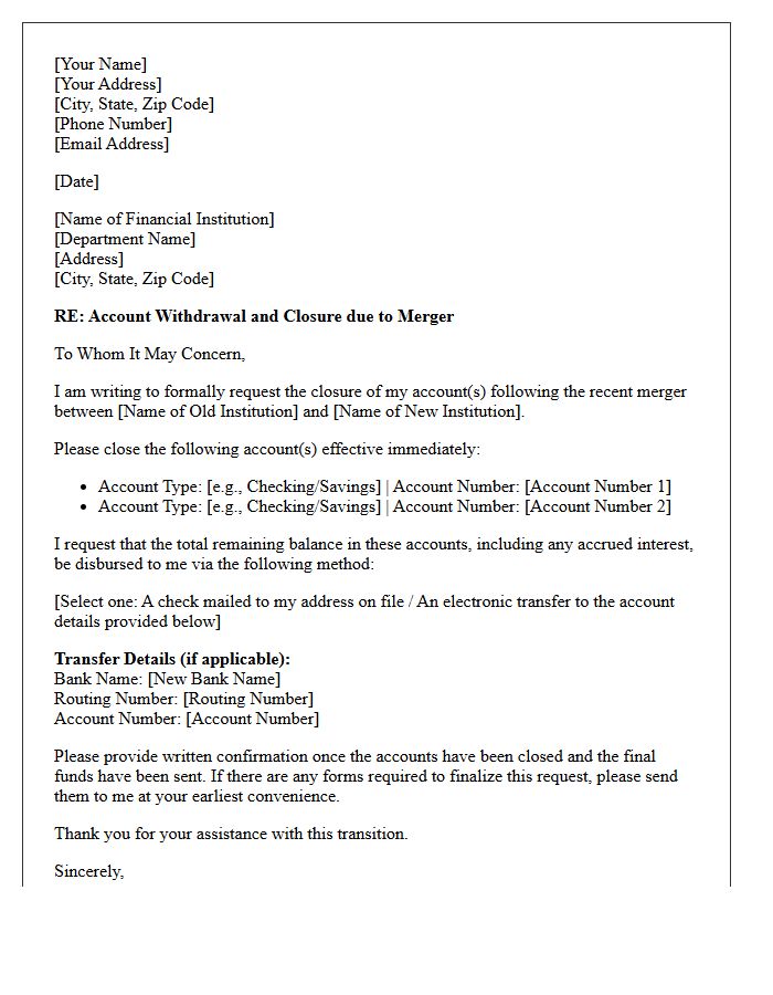 Institutional Merger Account Withdrawal and Closure Letter