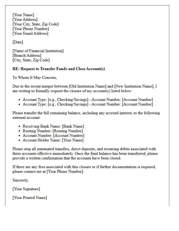 Letter to Transfer and Close Account After Financial Institution Merger