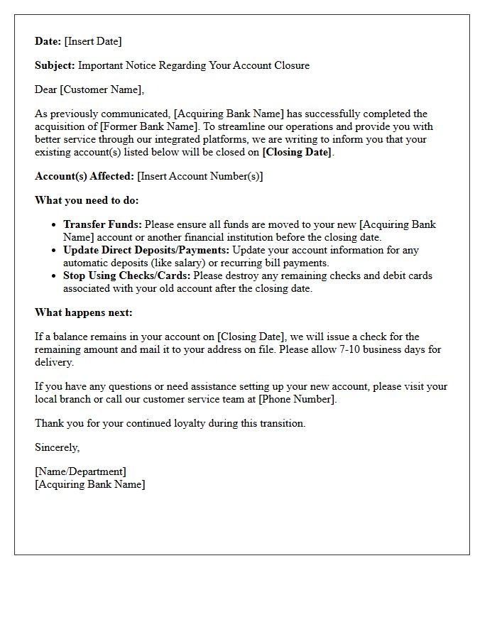 Notice Letter for Account Closure After Bank Acquisition