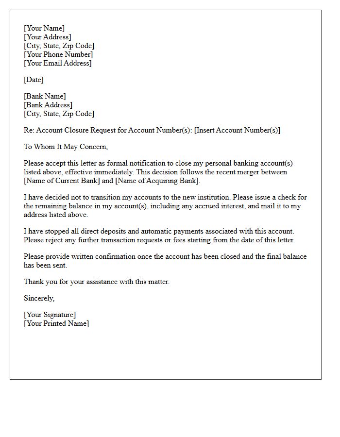 Personal Banking Account Closure Letter Prompted by Merger