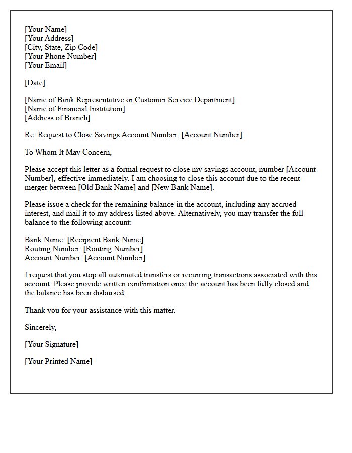 Savings Account Closure Request Letter Due to Institutional Merger