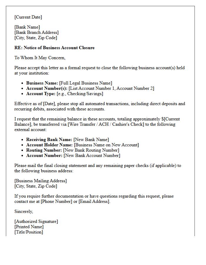 Business Banking Account Closure and External Transfer Letter