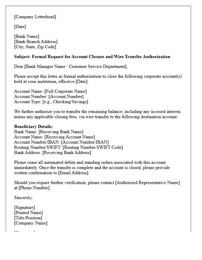 Corporate Account Closure and Wire Transfer Authorization Letter