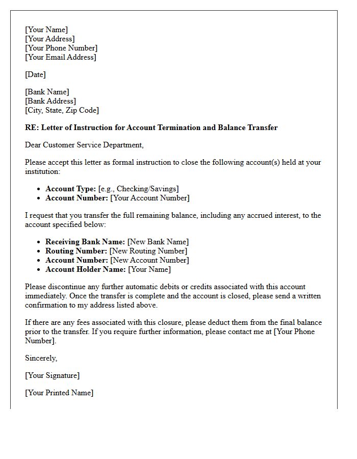 Letter of Instruction for Account Termination and Balance Transfer