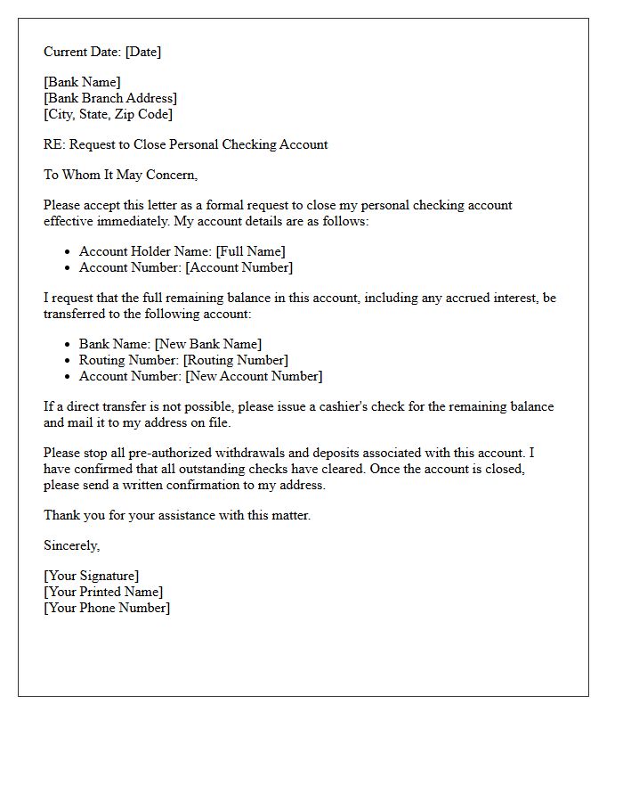 Letter to Close Personal Checking Account and Transfer Funds