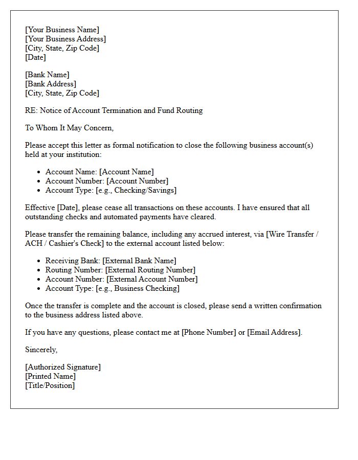 Small Business Account Termination and External Routing Letter