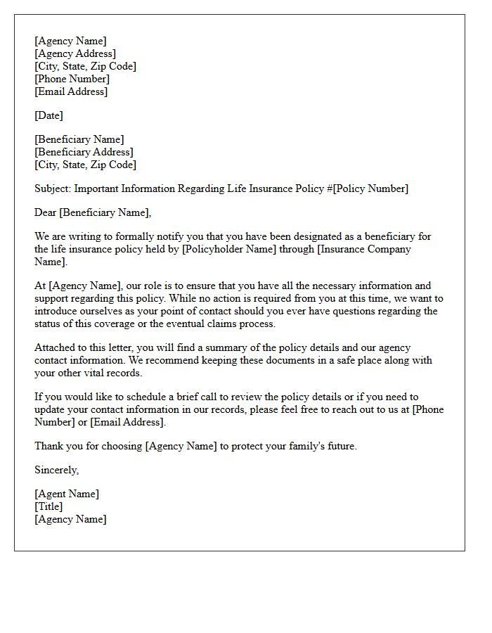 Agency Welcome Letter for Designated Life Insurance Beneficiaries