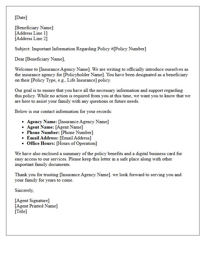 Insurance Agency Welcome Letter for Family Beneficiaries