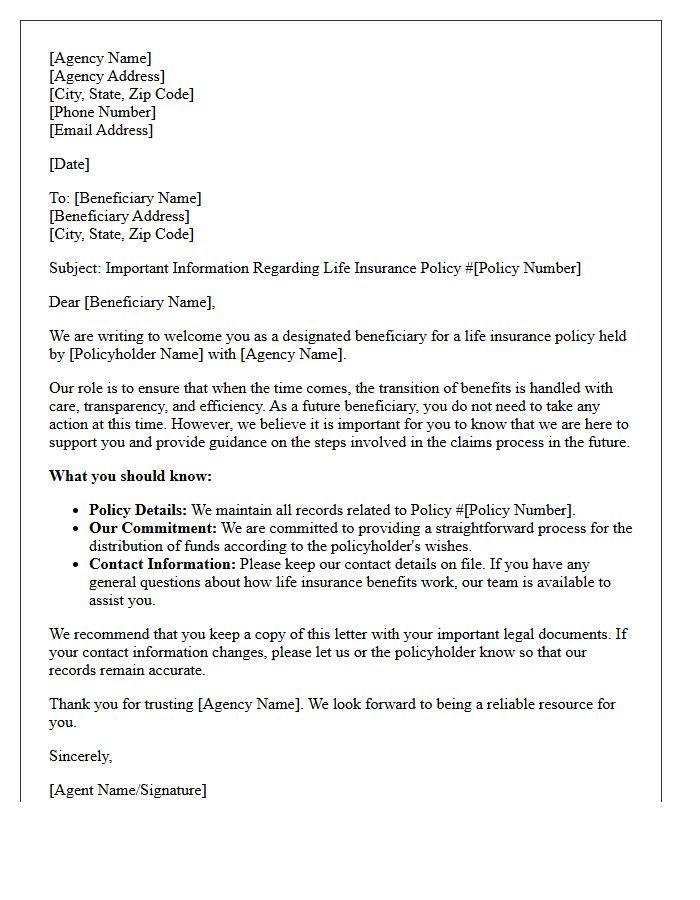 Life Insurance Agency Welcome Letter for Future Beneficiaries