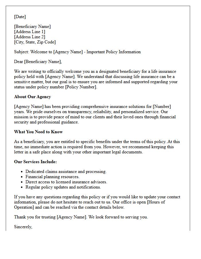 Life Insurance Beneficiary Welcome and Agency Overview Letter