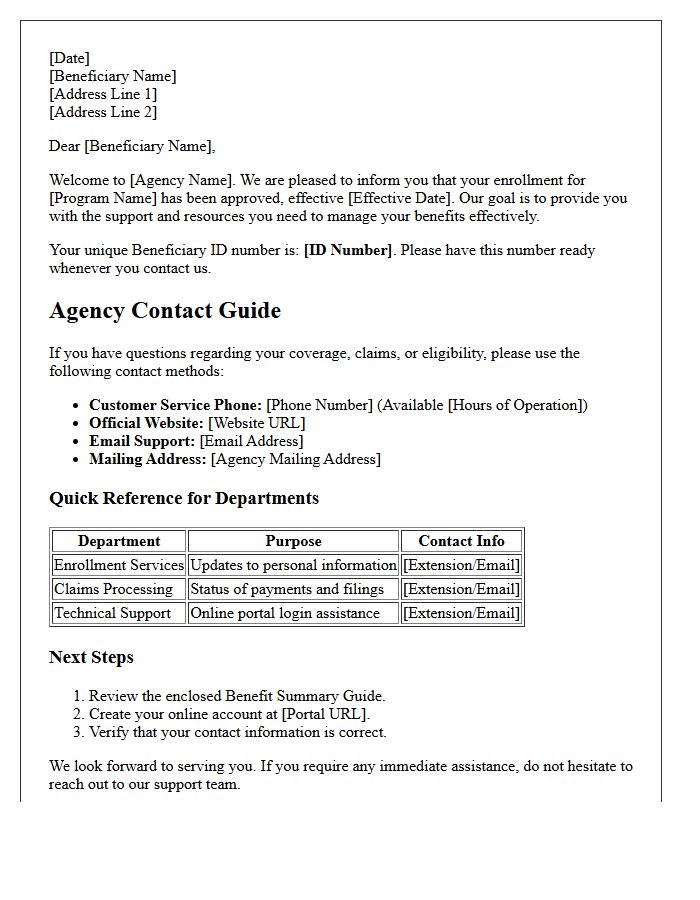 New Beneficiary Welcome Letter and Agency Contact Guide