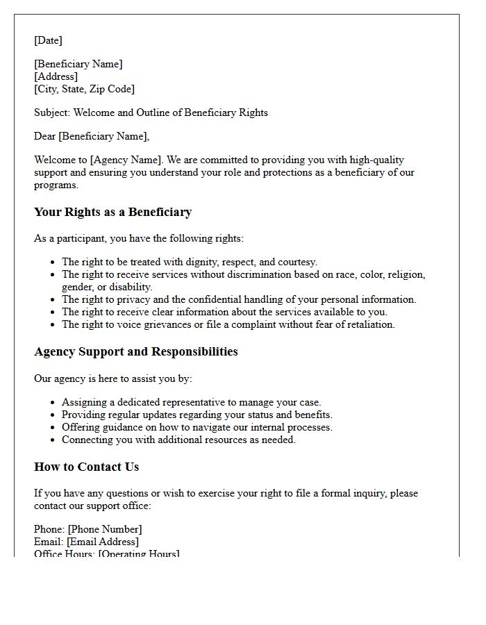 Welcome Letter Outlining Beneficiary Rights and Agency Support
