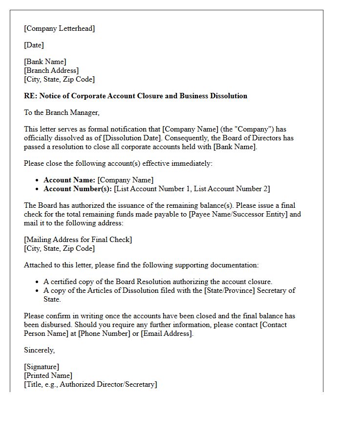 Board Approved Letter for Corporate Account Closure Following Business Dissolution