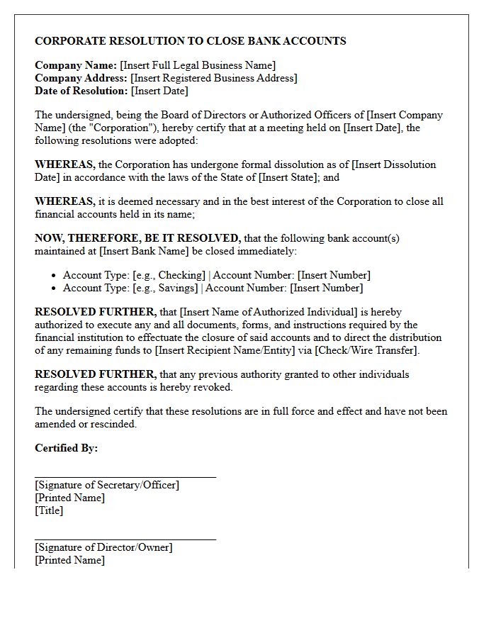 Corporate Resolution Letter for Account Closure Following Business Dissolution