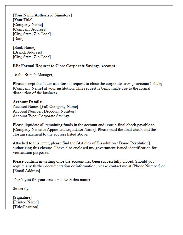 Formal Letter to Close Corporate Savings Account Due to Business Dissolution