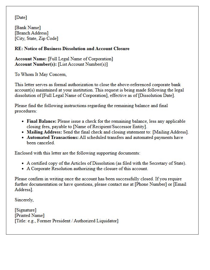 Letter of Authorization to Close Corporate Account Following Business Dissolution