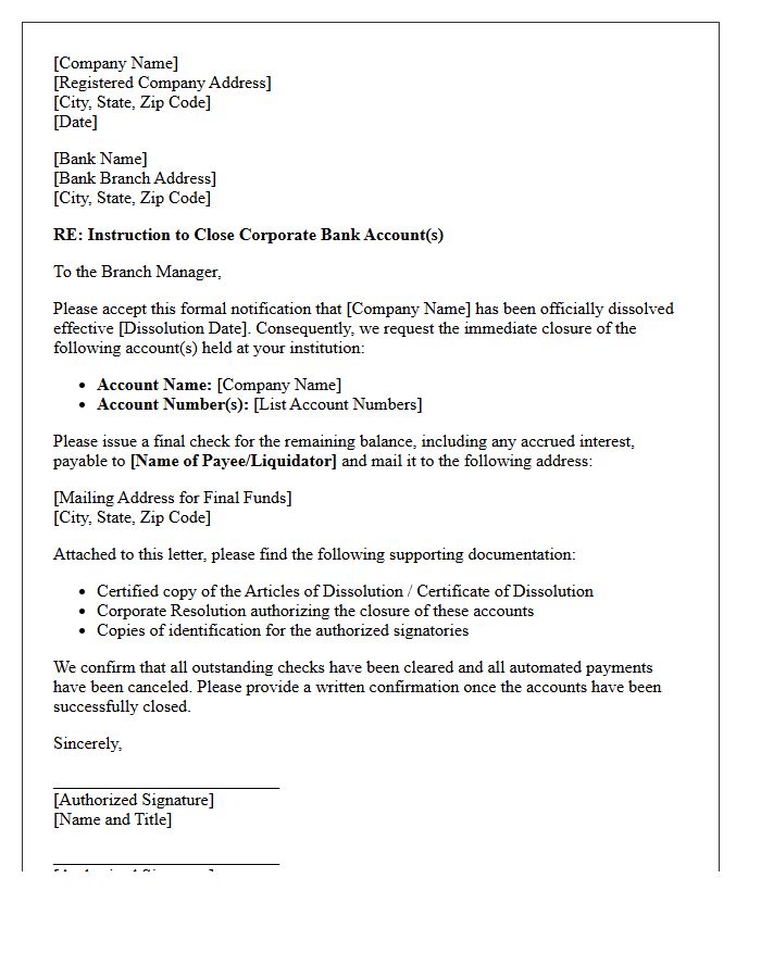 Letter of Instruction to Close Corporate Bank Account Due to Company Dissolution