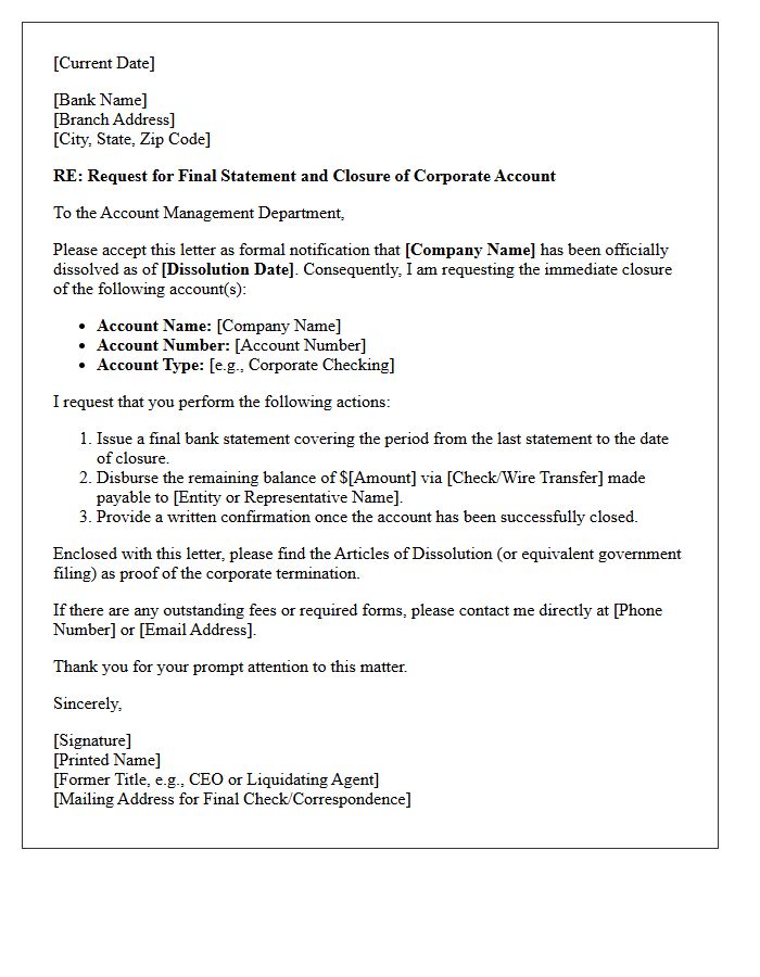 Letter Requesting Final Statement and Corporate Account Closure Post Dissolution