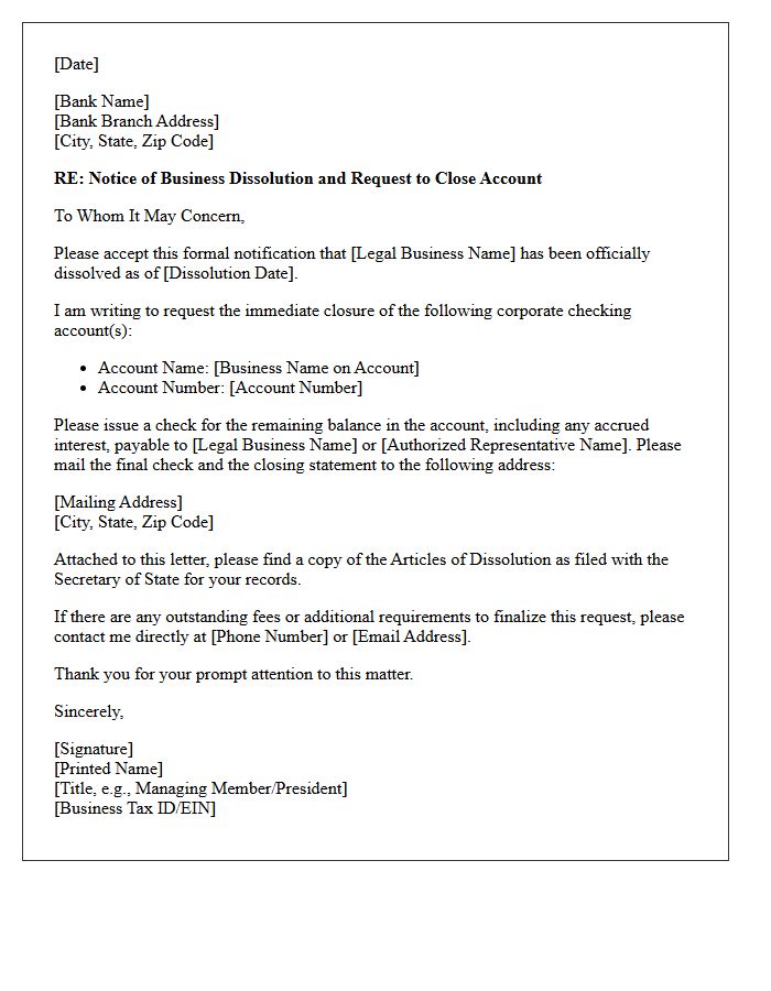 Letter to Close Corporate Checking Account Upon Final Business Dissolution